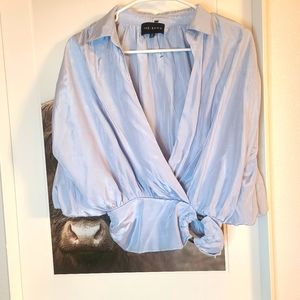 NEW Cropped Collared V Neck Balloon Sleeve Blouse with Shoulder Detail